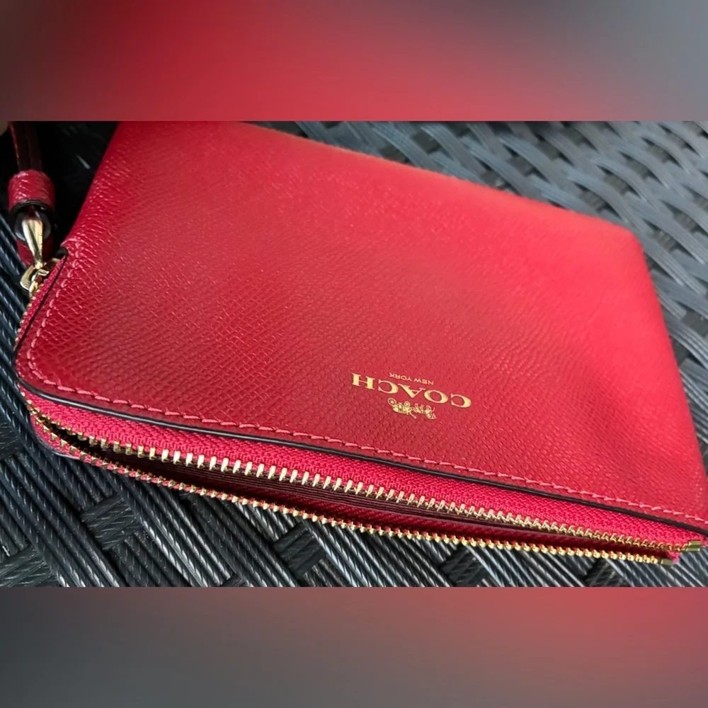 Coach Red Pebbled Leather Wristlet with Gold Logo